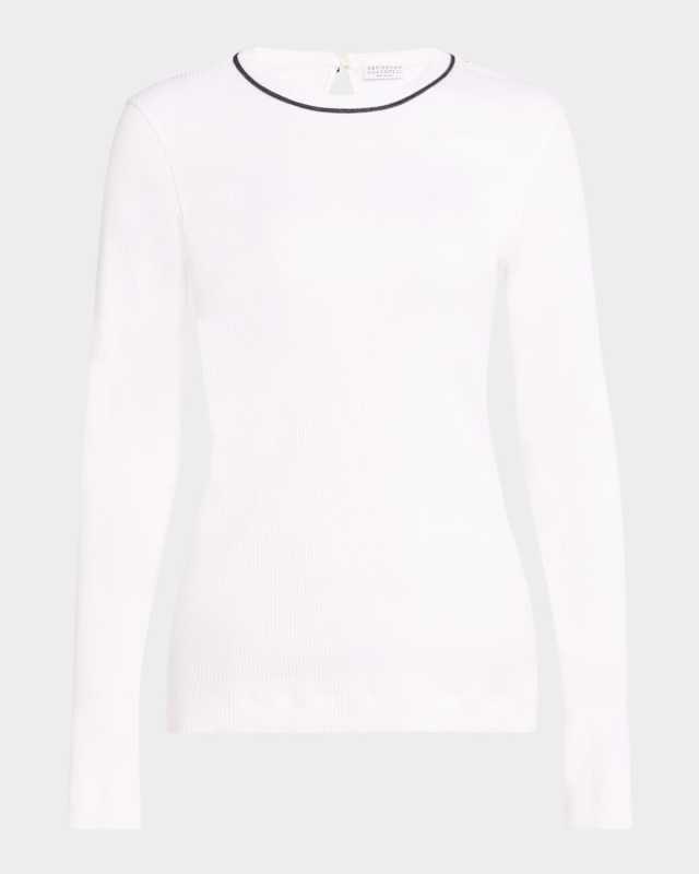 Contrast Monili Neck Cotton Stretch Rib Top